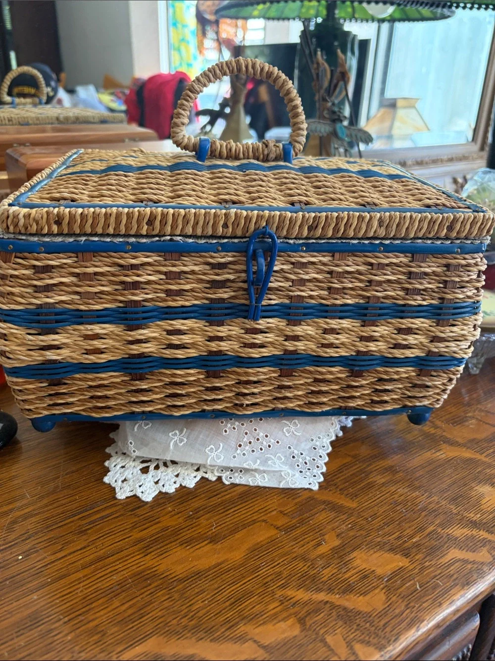 Woven Straw Storage Basket with Blue Trim and Handle